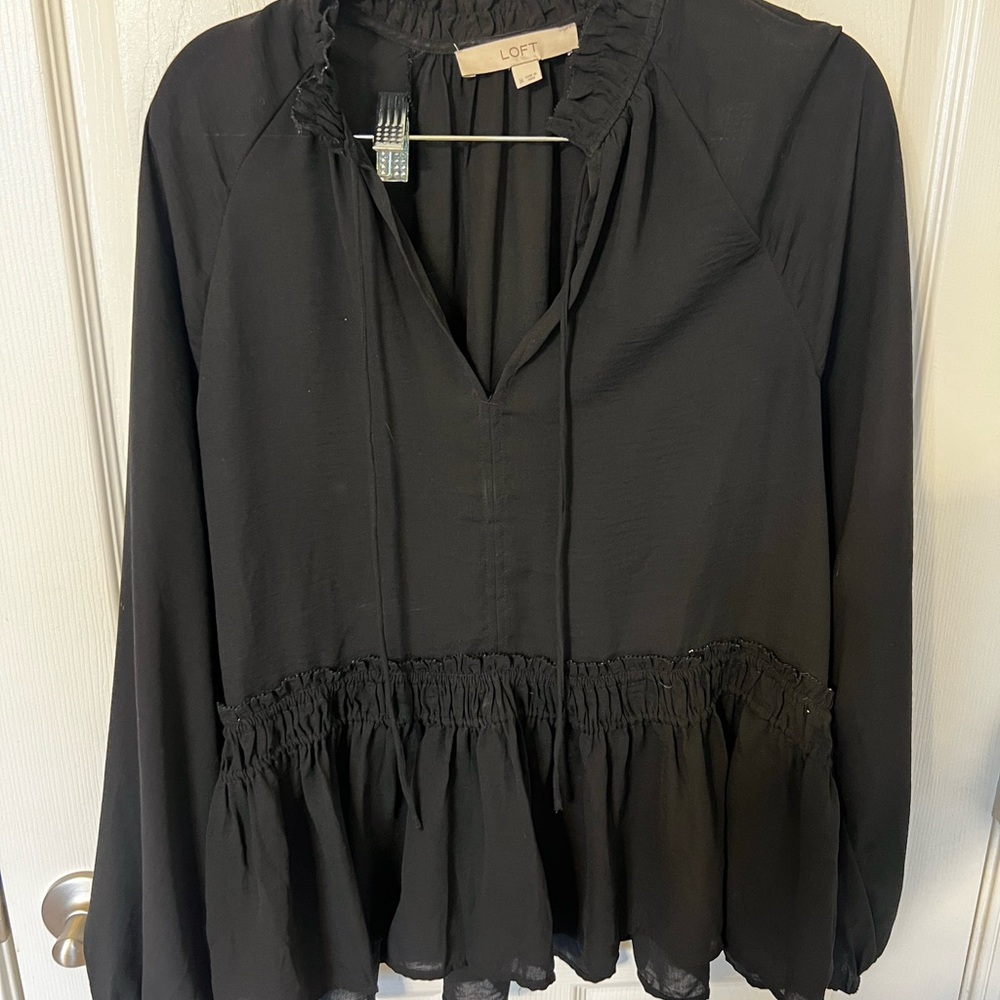 LOFT Women's Black Ruffle Blouse